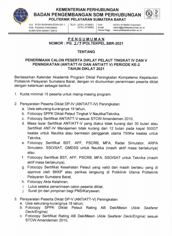 PENERIMAAN CALON PESERTA DIKLAT PELAUT TINGKAT IV DAN V PENINGKATAN (ANT/ATT IV) & (ANT/ATT V) PERIODE KE-2 TAHUN DIKLAT 2021